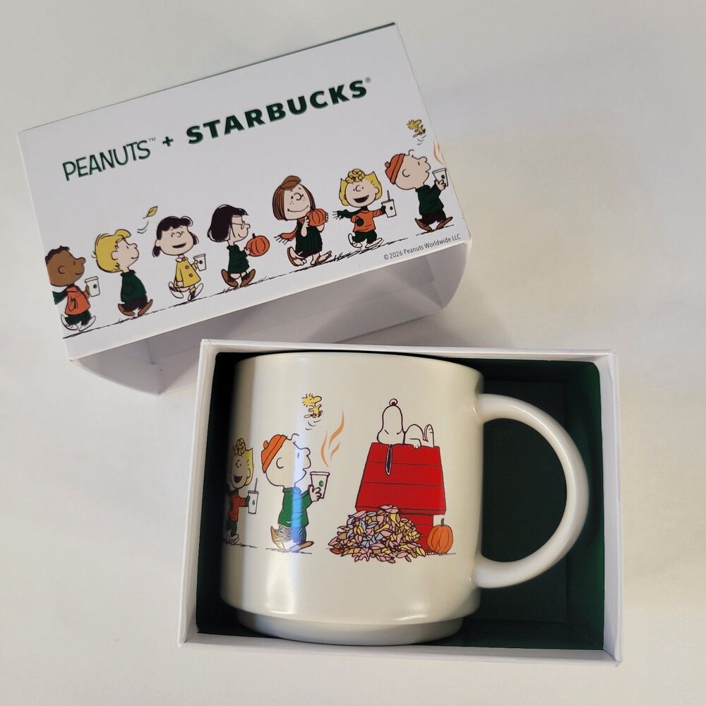 2026 Fall Starbucks Peanuts Gang Snoopy Woodstock Ceramic Mug 14oz White Green